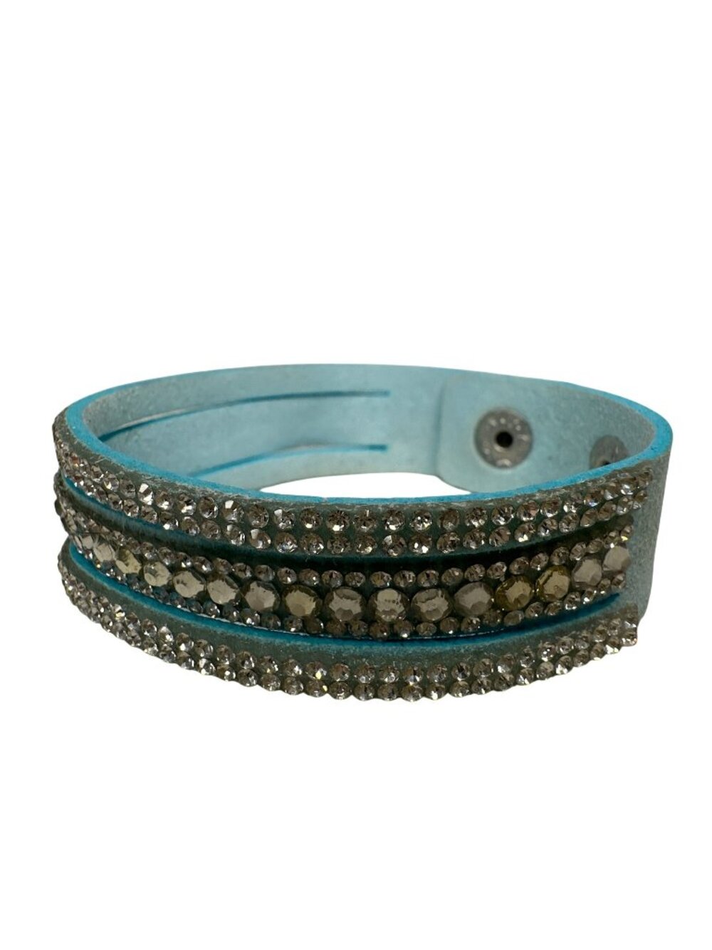Wrap Bracelet Stylish Light Blue Faux Leather Crystal Snap Closure Sparkly